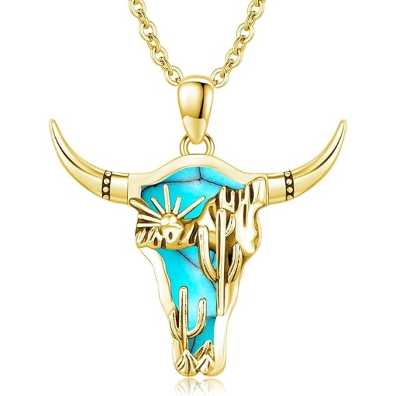 Midir&Etain Western Necklace 925 Sterling Silver Turquoise Pendant Cow Skull/Hat/Tag/Cactus/Boot Cowgirl Country Jewelry for Women Men