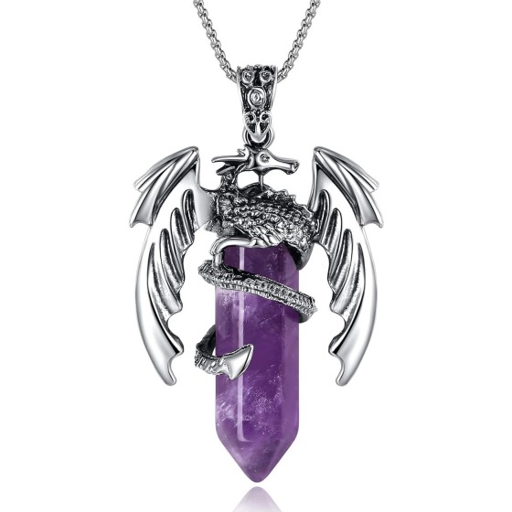 XIANNVXI Crystal Healing Stone Necklace for Men Women Amethyst Vintage Dragon Necklace Cool Simple Retro Natural Reiki Spirtural Witch Gemstone Pendant Jewelry