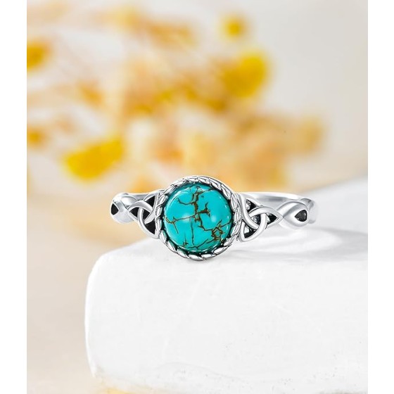 Real Turquoise Celtic Knot Rings for Women 925 Sterling Silver Dainty Round Gemstone Ring Jewelry for Mother Wife's Anniversary