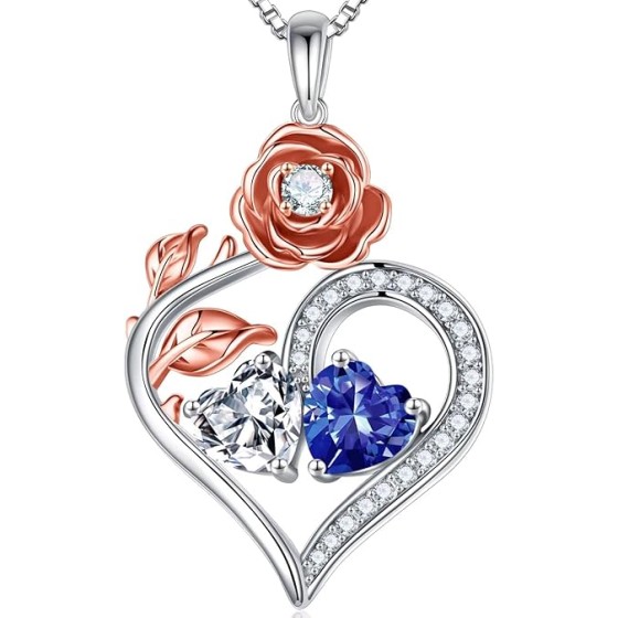 Iefil Rose Heart Birthstone Necklaces for Women - 925 Sterling Silver Double Birthstone Necklace, Anniversary Birthday Gifts for Women, Jewelry Gifts for Wife Her