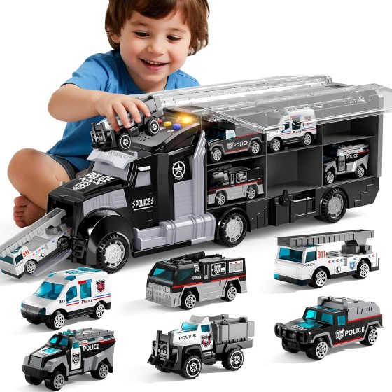 Police Trucks Toy Set with Play Mat, Carrier Truck Play Vehicles Set