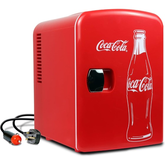 Coca-Cola Classic Coke Bottle 4L Mini Fridge w/ 12V DC and 110V AC Cords, 6 Can Portable Cooler, Personal Travel Refrigerator for Snacks Lunch Drinks Cosmetics, Desk Home Office Dorm
