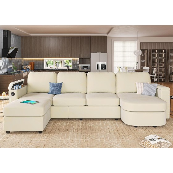 SEDETA 120" U Shaped Couch, Sectional Sofa Couch with Storage Seat, Velvet Convertible Sofa with Reversible Chaises, Sectional Couches with Ottomans for Living Room, Beige