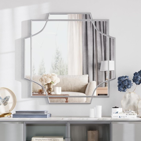 30"x30" Silver Decorative Square Wall Mirror, Art Deco Mirror for Entryway, Living Room, Bathroom, Bedroom, Wood Frame